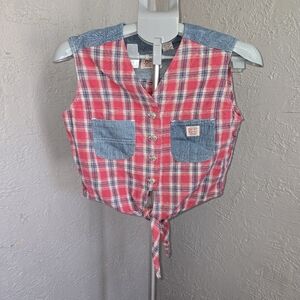 Vintage Red Plaid and Blue Denim Crop Top Western Rodeo Pockets